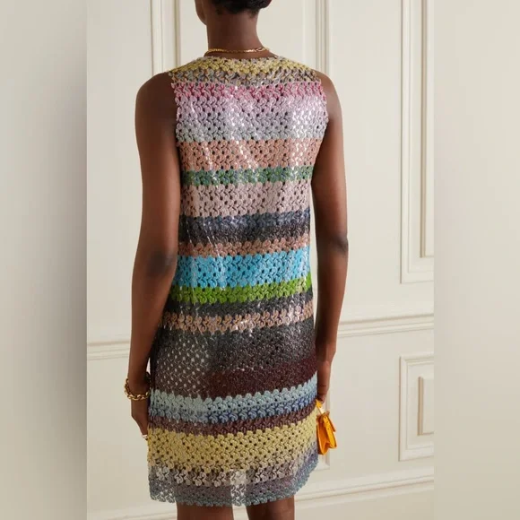 MISSONI Metallic striped scalloped crochet-knit mini dress